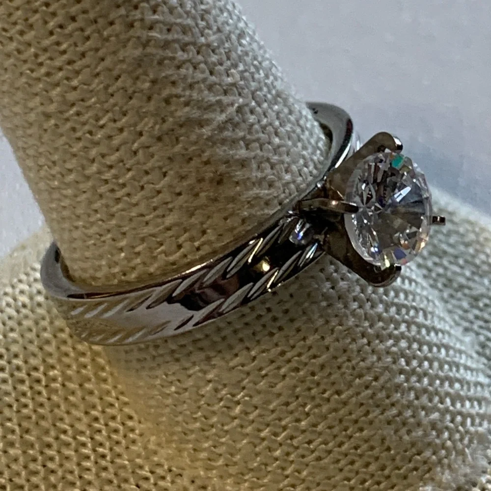 Stainless steel solitaire engagement style ring with real gemstone size 10